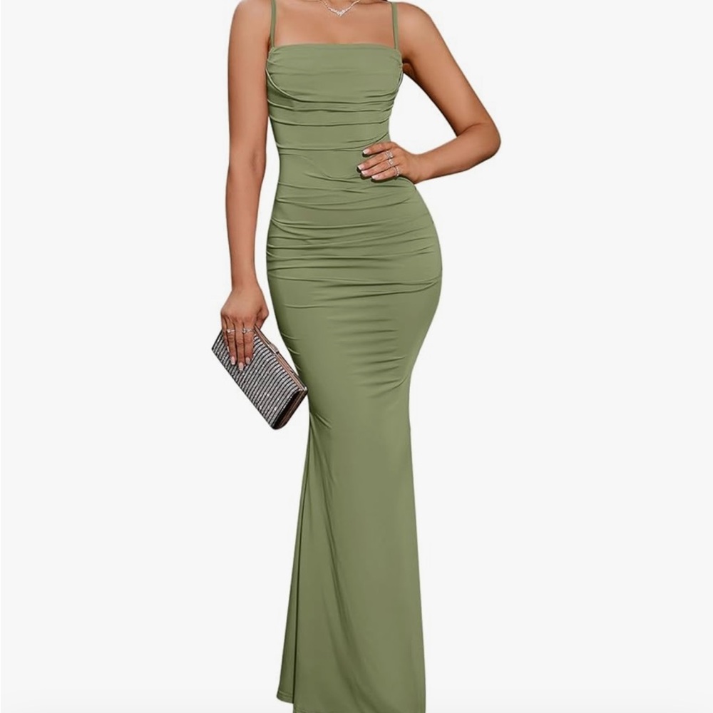 NWT Elegant Olive Green Ruched Bodycon Maxi Gown